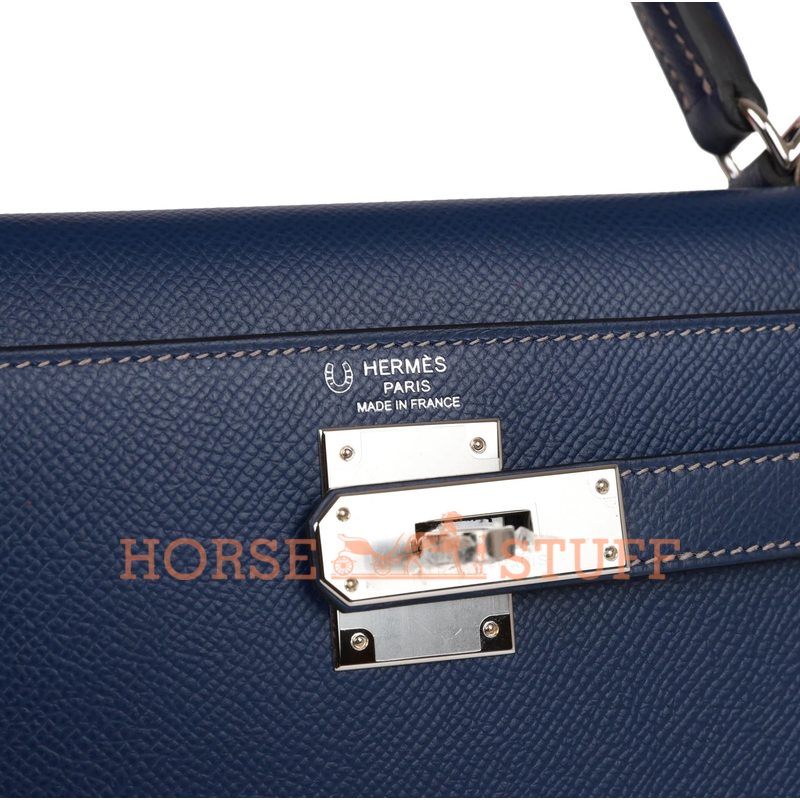 Hermès Kelly Sellier 28 Special Order HSS Verso Blue Indigo with contrast stitching / Gris Perle Epsom PHW