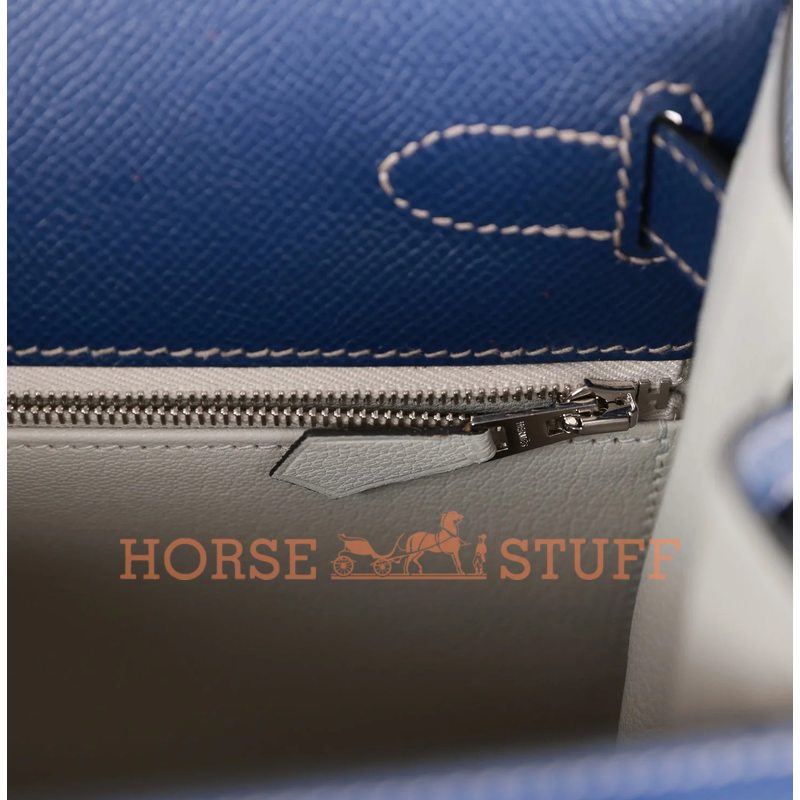 Hermès Kelly Sellier 28 Special Order HSS Verso Blue Indigo with contrast stitching / Gris Perle Epsom PHW