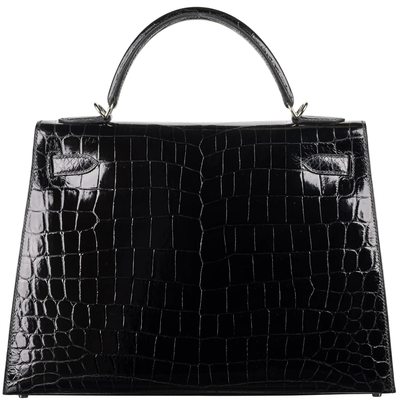 Hermès Kelly Sellier 32 Black Shiny Crocodile Niloticus PHW 