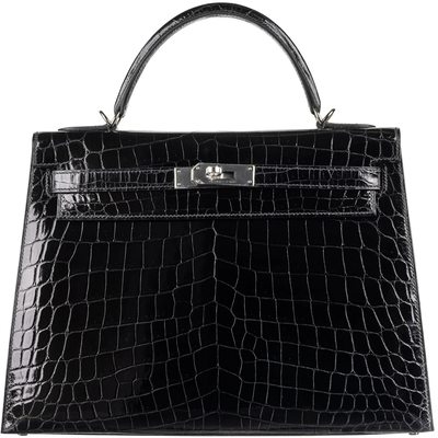 Hermès Kelly Sellier 32 Black Shiny Crocodile Niloticus PHW 