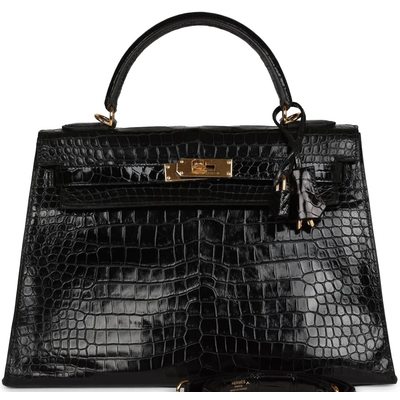 Hermès Kelly Sellier 32 Black Lisse Crocodile Porosus GHW