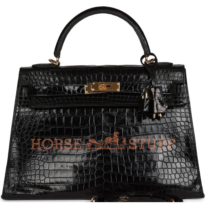 Hermès Kelly Sellier 32 Black Lisse Crocodile Porosus GHW