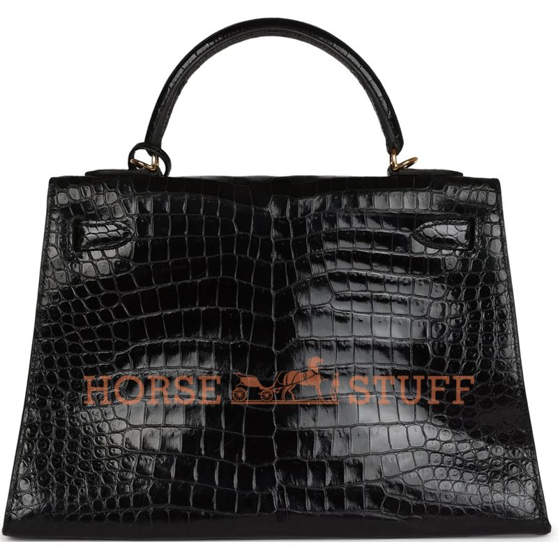 Hermès Kelly Sellier 32 Black Lisse Crocodile Porosus GHW