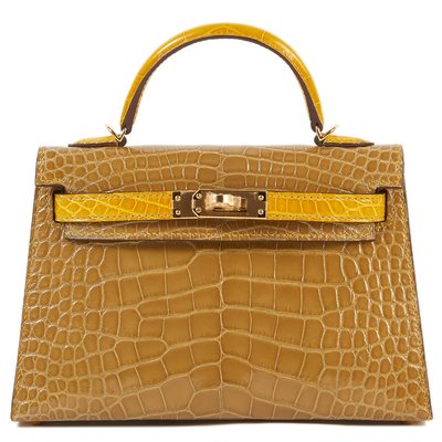 Hermès Kelly Sellier Mini II Special Order HSS Beige Sable / Jaune Ambre Lisse Crocodile Alligator GHW