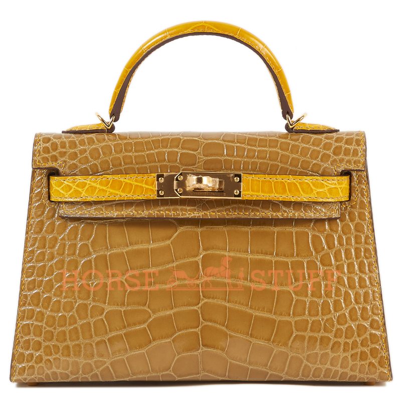 Hermès Kelly Sellier Mini II Special Order HSS Beige Sable / Jaune Ambre Lisse Crocodile Alligator GHW