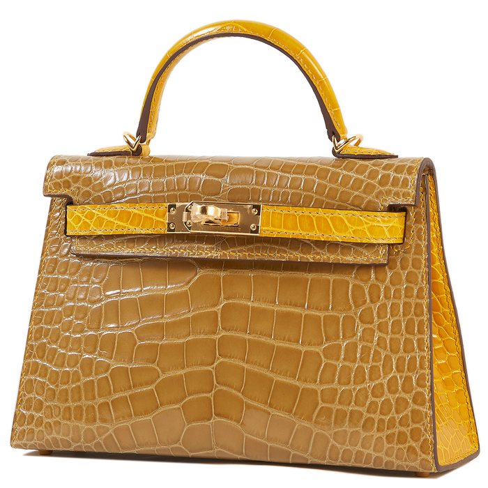 A CUSTOM SHINY JAUNE AMBRE & BEIGE SABLE ALLIGATOR SELLIER KELLY 25 WITH  BRUSHED GOLD HARDWARE