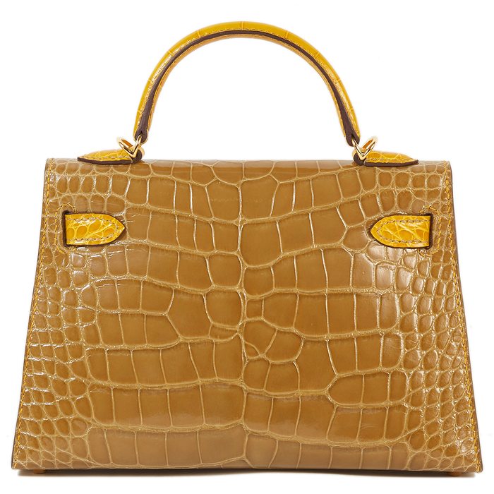 Hermes Kelly Sellier 25 Beige Sable & Jaune Ambre HSS Shiny Alligator