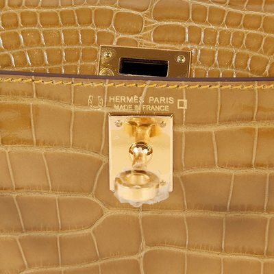 Hermès Kelly Sellier Mini II Special Order HSS Beige Sable / Jaune Ambre Shiny Crocodile Alligator GHW