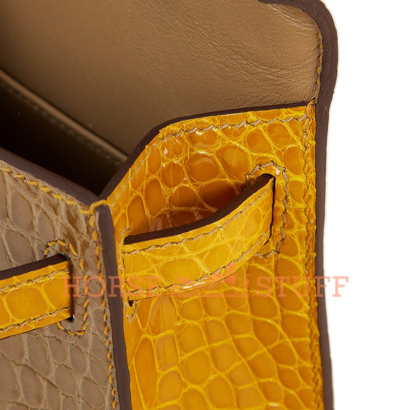 Hermès Kelly Sellier Mini II Special Order HSS Beige Sable / Jaune Ambre Lisse Crocodile Alligator GHW